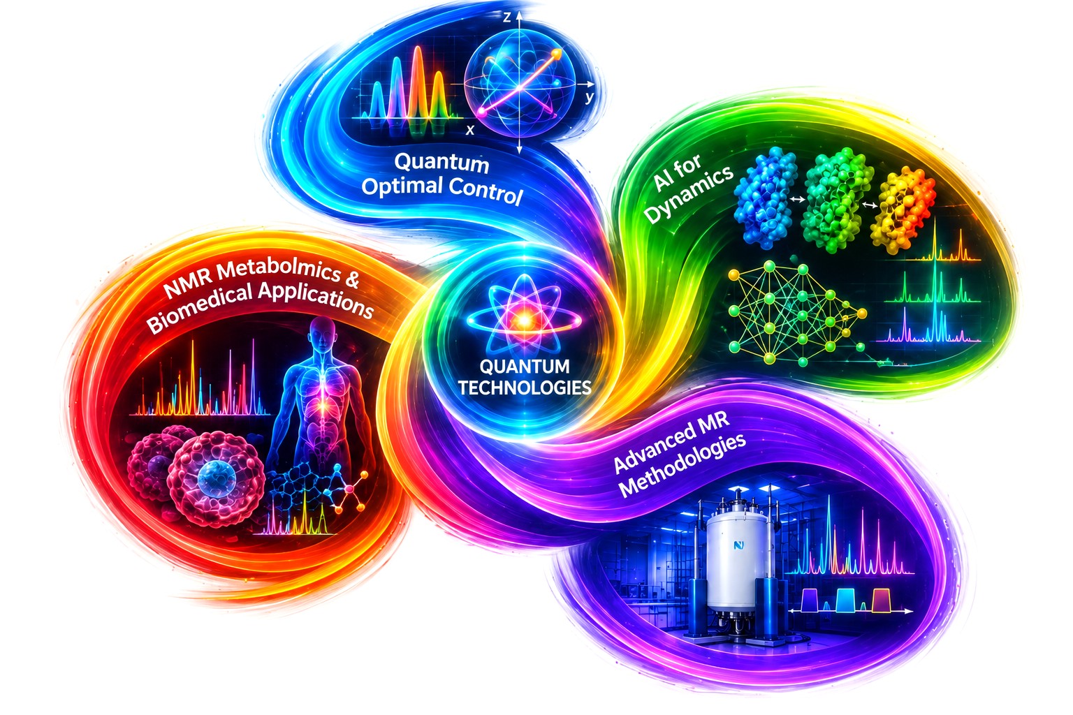 Overview of my research areas: quantum optimal control, NMR metabolomics and biomedical applications, quantum technologies, AI for dynamics, and advanced MR methodologies.